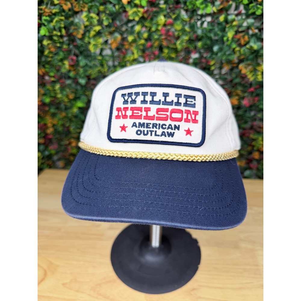 Willie Nelson American Outlaw Snapback Trucker Hat White Navy Blue Rope Detail